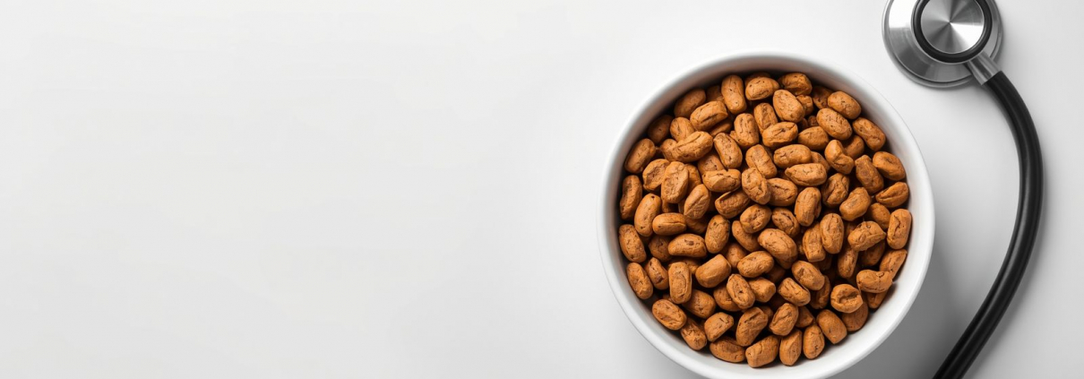 Bol de comida saludable para mascotas junto a un estetoscopio, representando la nutrición como medicina.