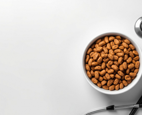 Bol de comida saludable para mascotas junto a un estetoscopio, representando la nutrición como medicina.