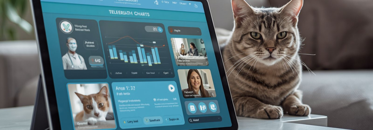 Pantalla de tablet mostrando interfaz de telemedicina con un gato relajado en casa y gráficos de salud.