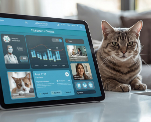 Pantalla de tablet mostrando interfaz de telemedicina con un gato relajado en casa y gráficos de salud.