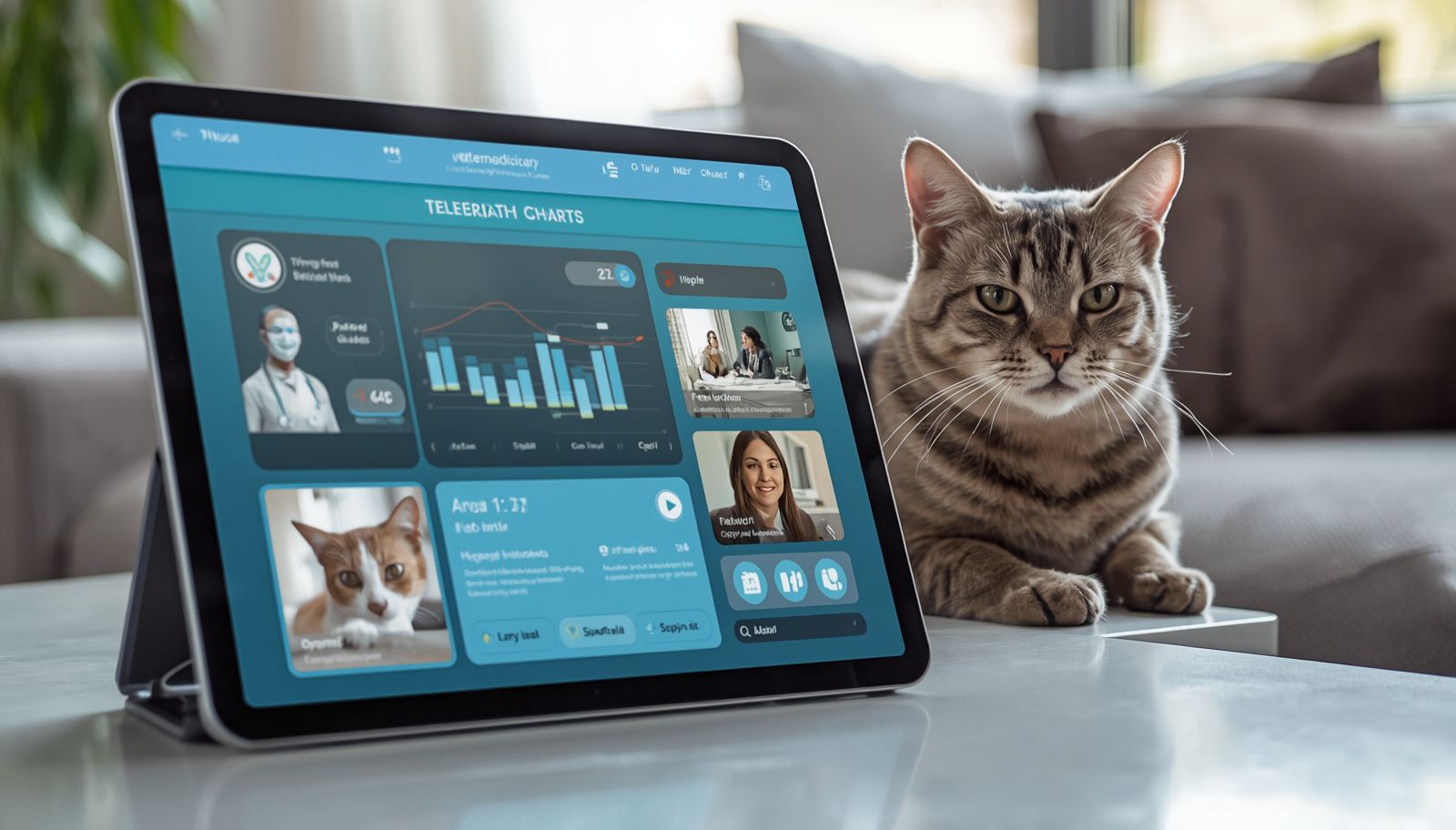 Pantalla de tablet mostrando interfaz de telemedicina con un gato relajado en casa y gráficos de salud.
