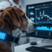 Dispositivo wearable en un perro conectado a una app de control veterinario.