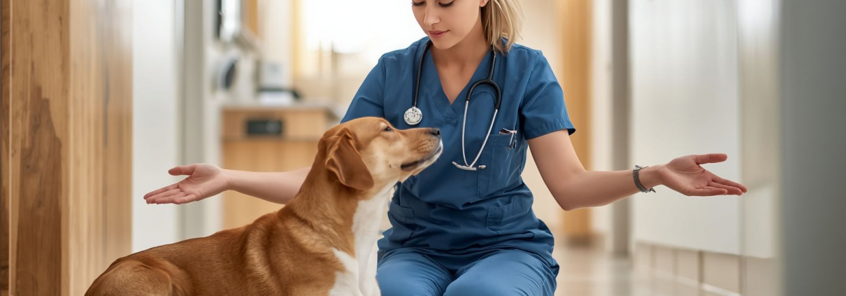 Perro relajado en una mesa de exploración con un auxiliar clínico transmitiendo calma