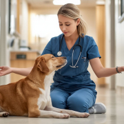 5_Gestión del estrés en mascotas_1 Perro relajado en una mesa de exploración con un auxiliar clínico transmitiendo calma