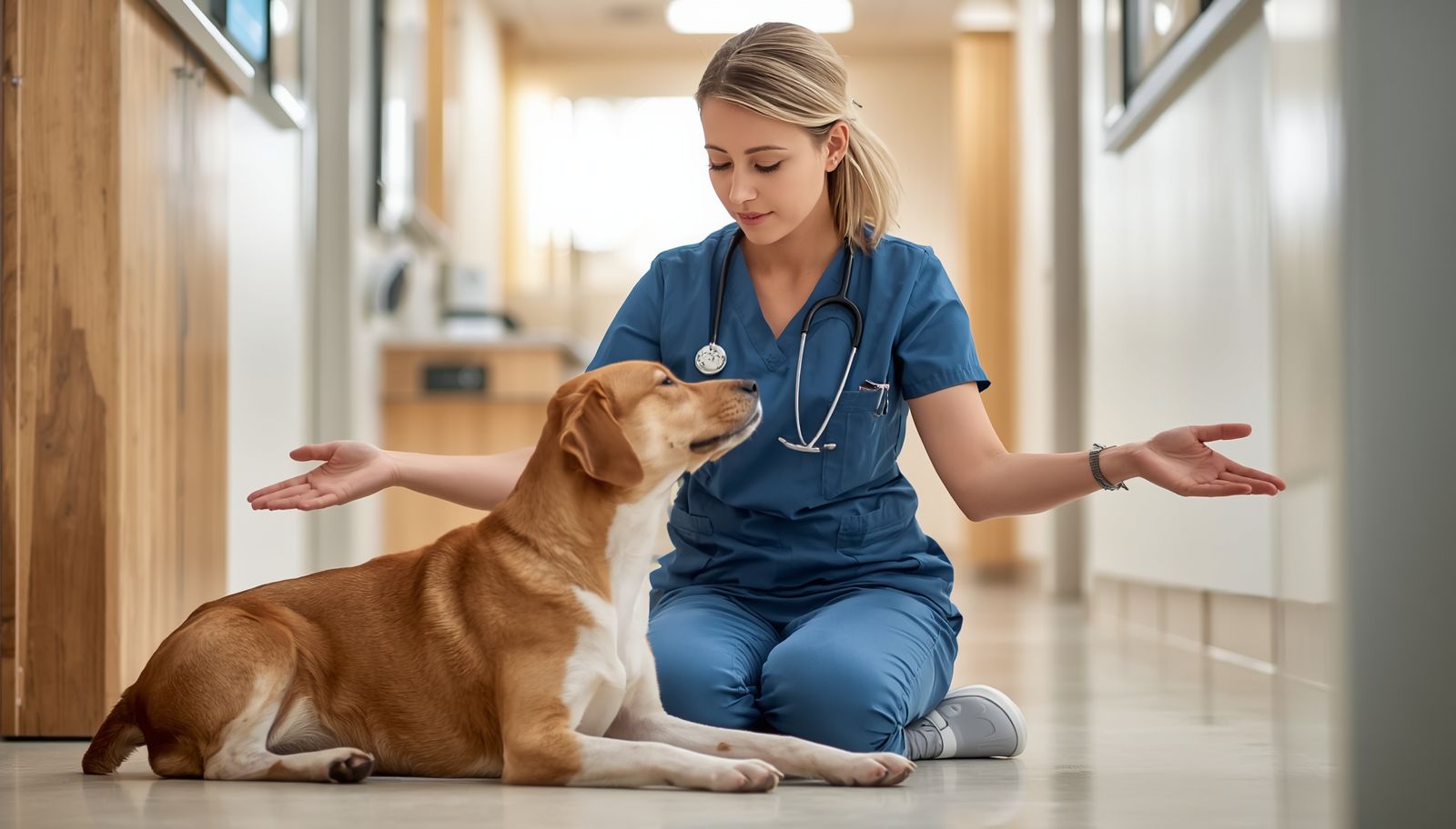 Perro relajado en una mesa de exploración con un auxiliar clínico transmitiendo calma