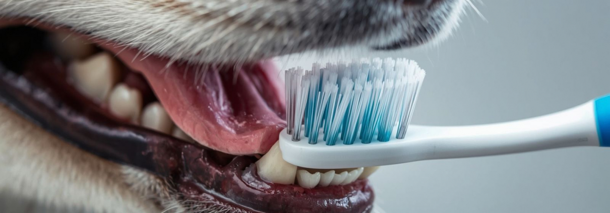 Detalle de boca de perro sana y limpia con un cepillo dental veterinario al lado.