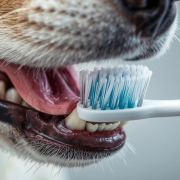Detalle de boca de perro sana y limpia con un cepillo dental veterinario al lado.