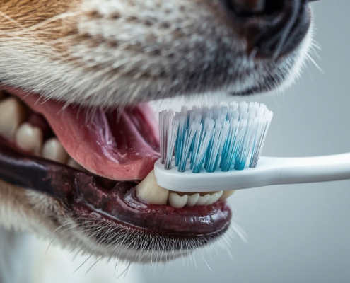 Detalle de boca de perro sana y limpia con un cepillo dental veterinario al lado.