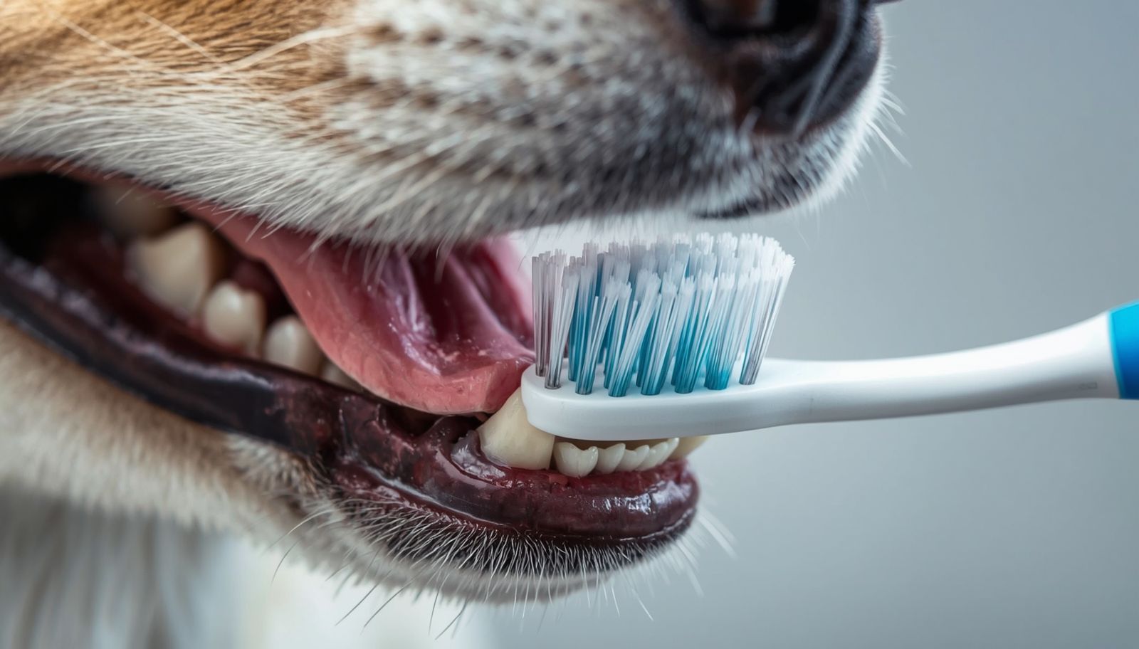 Detalle de boca de perro sana y limpia con un cepillo dental veterinario al lado.