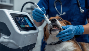 Auxiliar clínico veterinario utilizando un equipo de limpieza dental ultrasónico