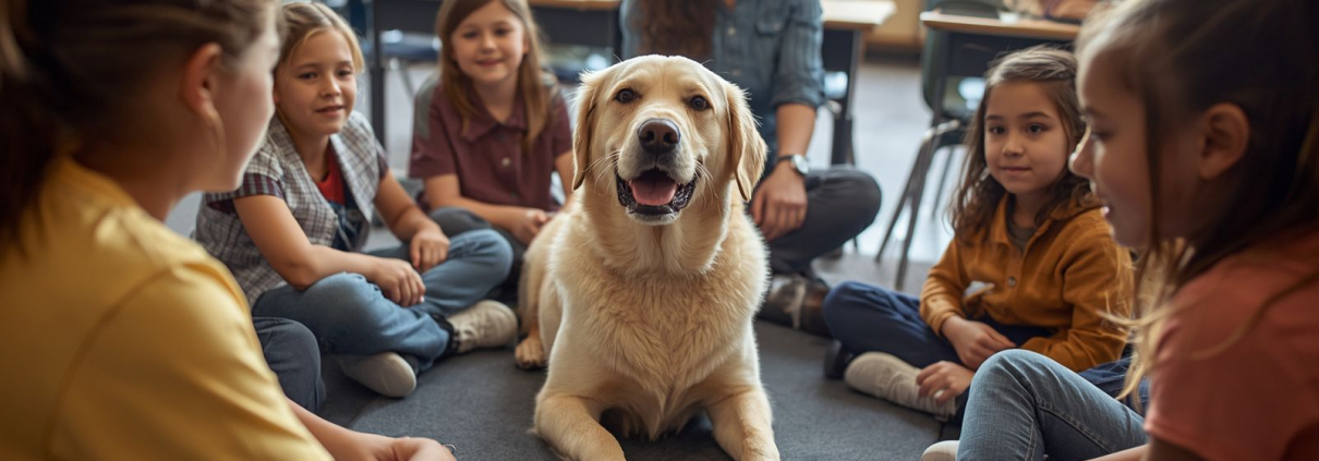 Un perro de terapia interactuando de forma calmada con estudiantes en un entorno escolar supervisado
