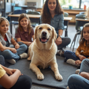 Un perro de terapia interactuando de forma calmada con estudiantes en un entorno escolar supervisado