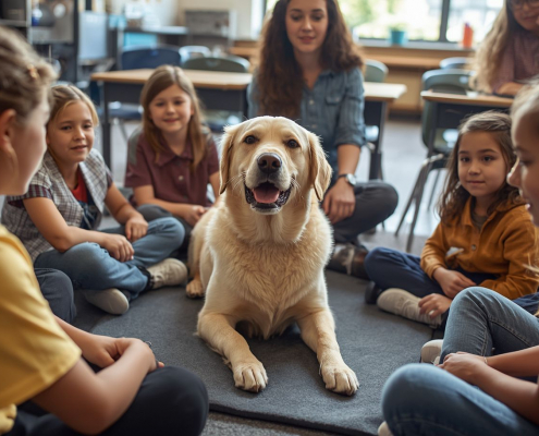 Un perro de terapia interactuando de forma calmada con estudiantes en un entorno escolar supervisado