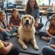 Un perro de terapia interactuando de forma calmada con estudiantes en un entorno escolar supervisado