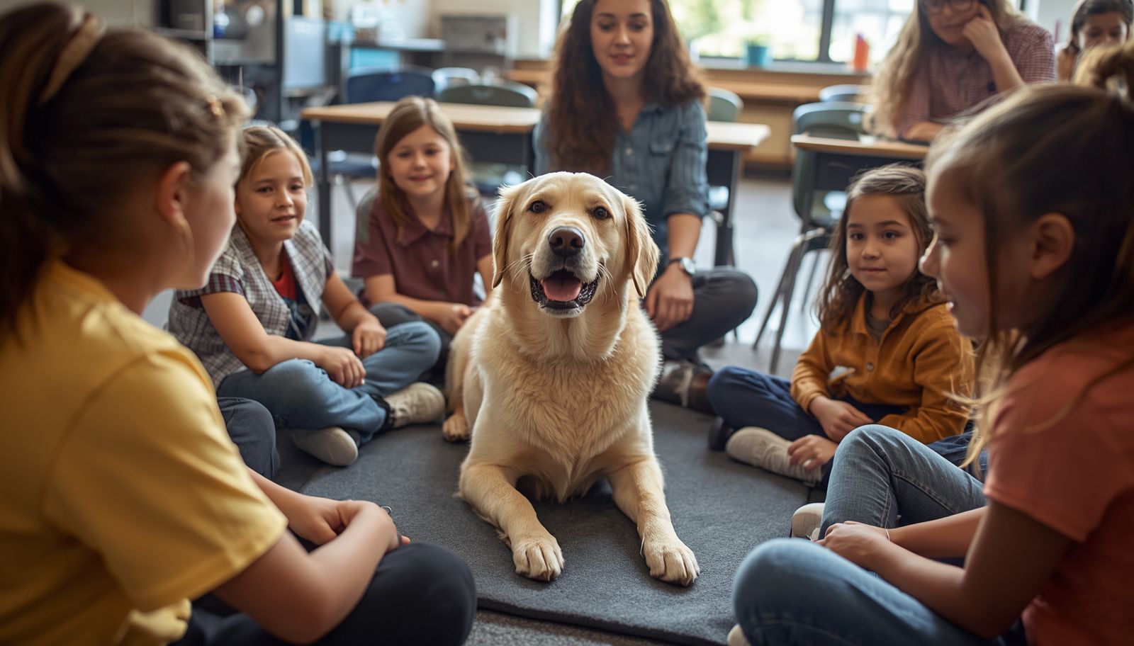 Un perro de terapia interactuando de forma calmada con estudiantes en un entorno escolar supervisado
