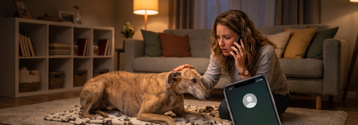 Mujer preocupada llamando por teléfono a urgencias veterinarias