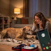 Mujer preocupada llamando por teléfono a urgencias veterinarias