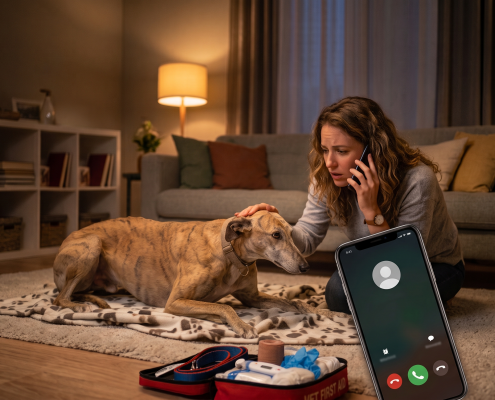 Mujer preocupada llamando por teléfono a urgencias veterinarias
