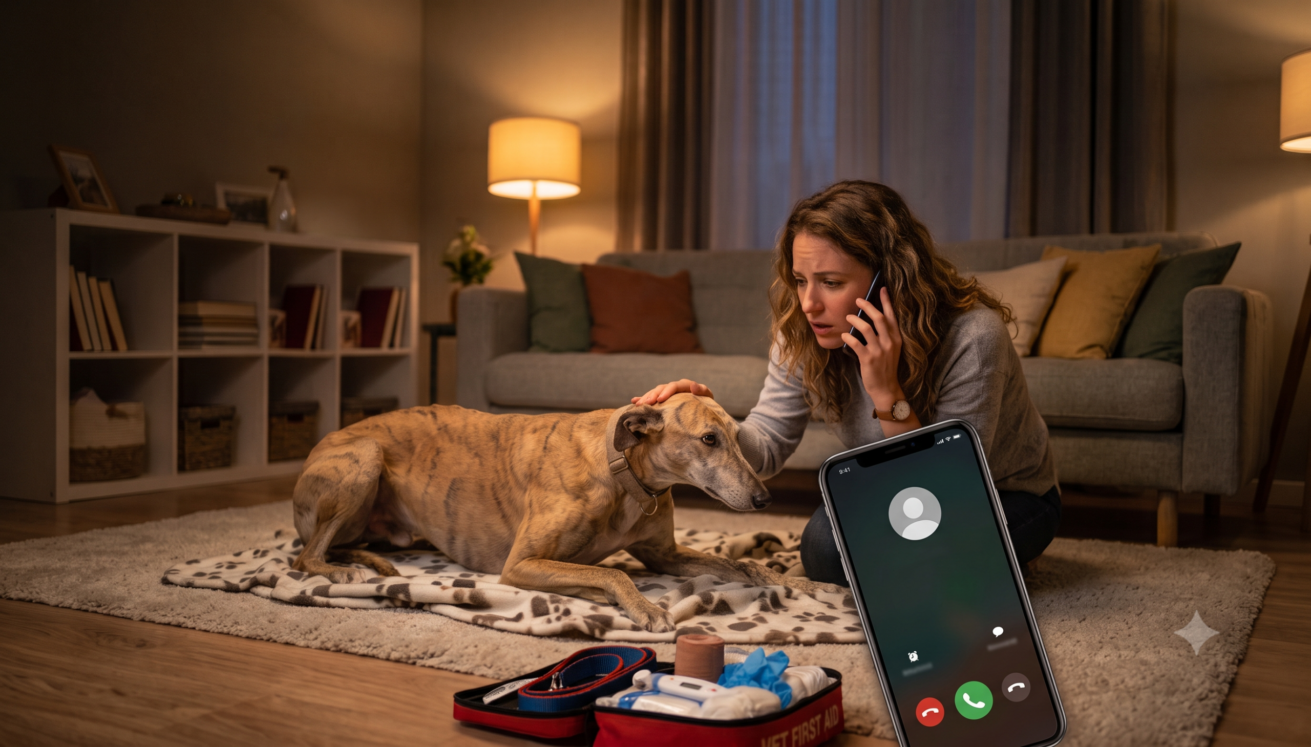 Mujer preocupada llamando por teléfono a urgencias veterinarias